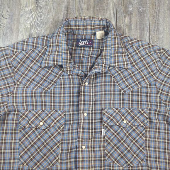 Vintage Levis Button Shirt Men's Large Plaid Pearl Snap Western Retro Blue Tag - Picture 6 of 13